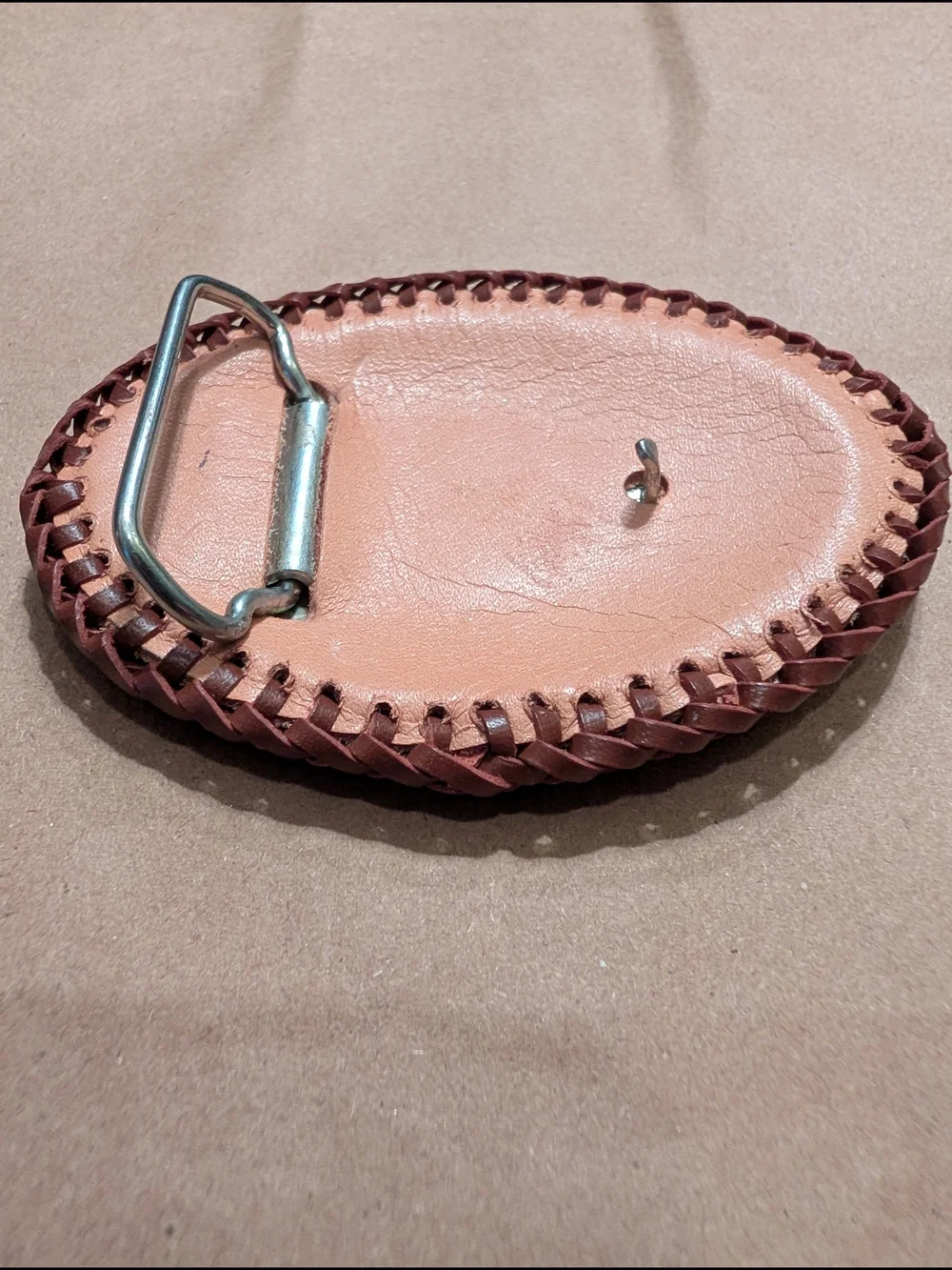 Hand-Tooled Leather Belt Buckle with Horned Animal - Brown